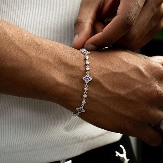 Silver Flower Tennis Bracelet - Purple Stones