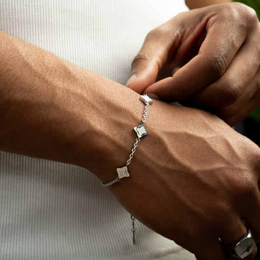 Bracelet Flower câble Argenté - Motif Blanc