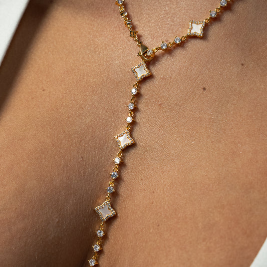 Lariat Flower Tennis Doré - Motif Blanc