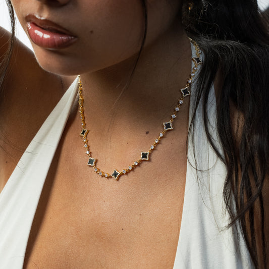 Chaîne Flower Tennis Dorée - Motif Noir