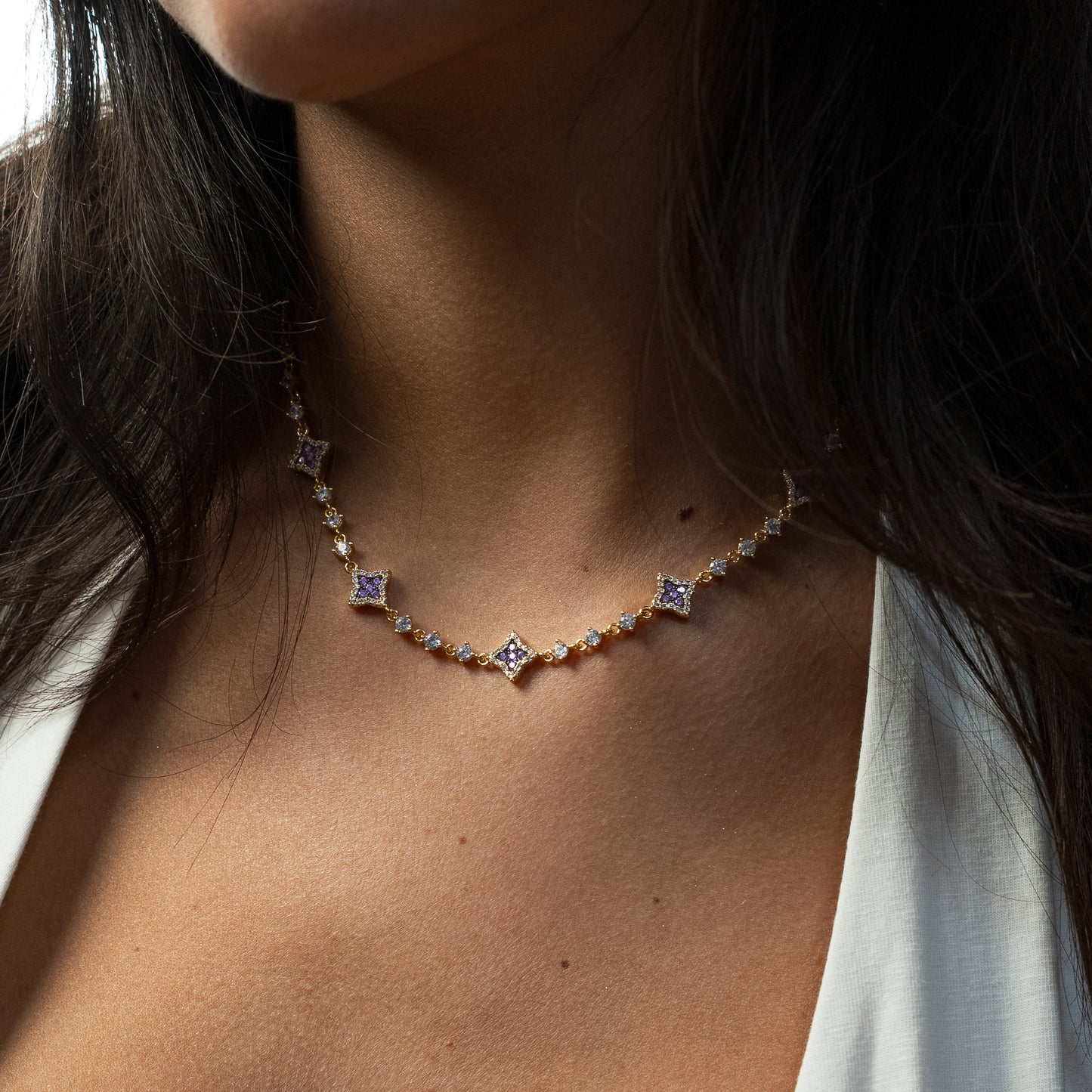 Chaîne Flower Tennis Dorée - Pierres violettes