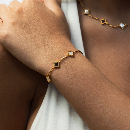 Gold Cable Flower Bracelet - Black & White Pattern