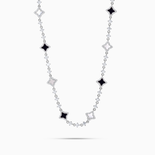 Silver Flower Tennis Chain - White & black