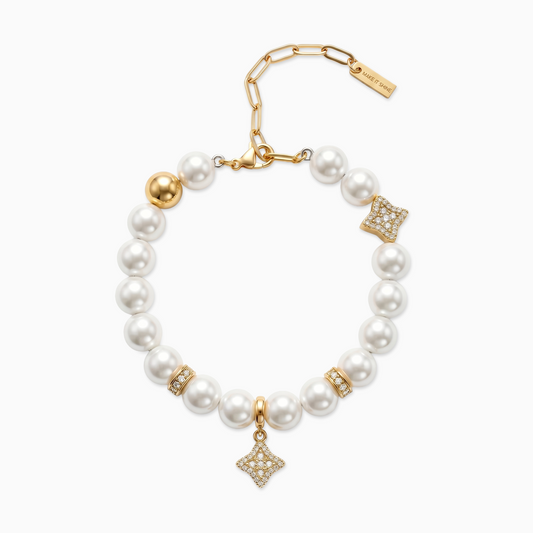 Gold Flower Pearl Bracelet - White Stones