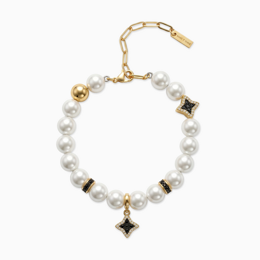 Gold Flower Pearl Bracelet - Black Stones