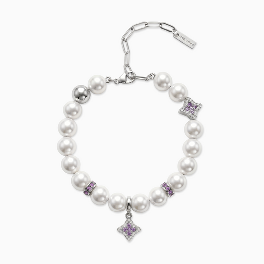Silver Flower Pearl Bracelet - Purple Stones