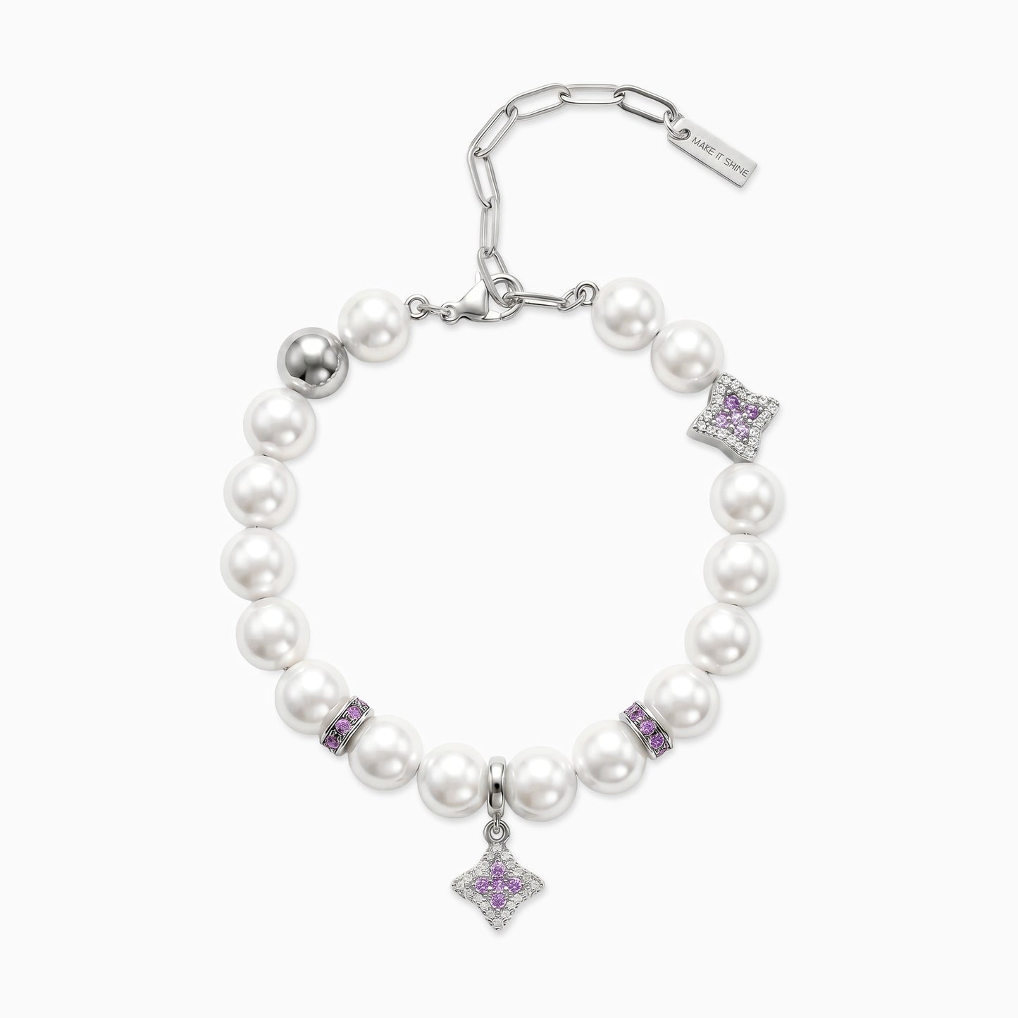 Silver Flower Pearl Bracelet - Purple Stones