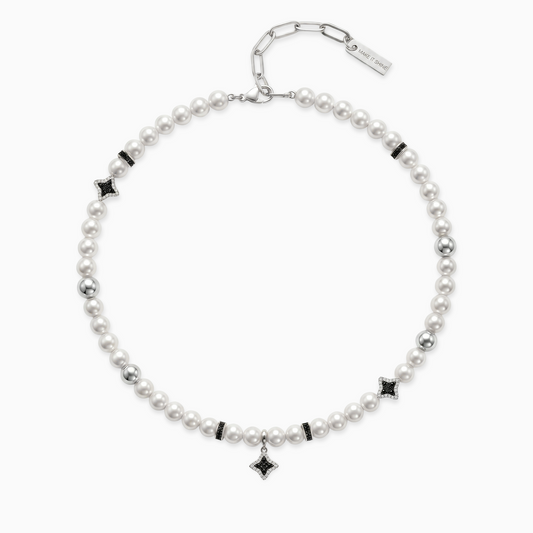 Silver Flower Pearl Chain - Black Stones