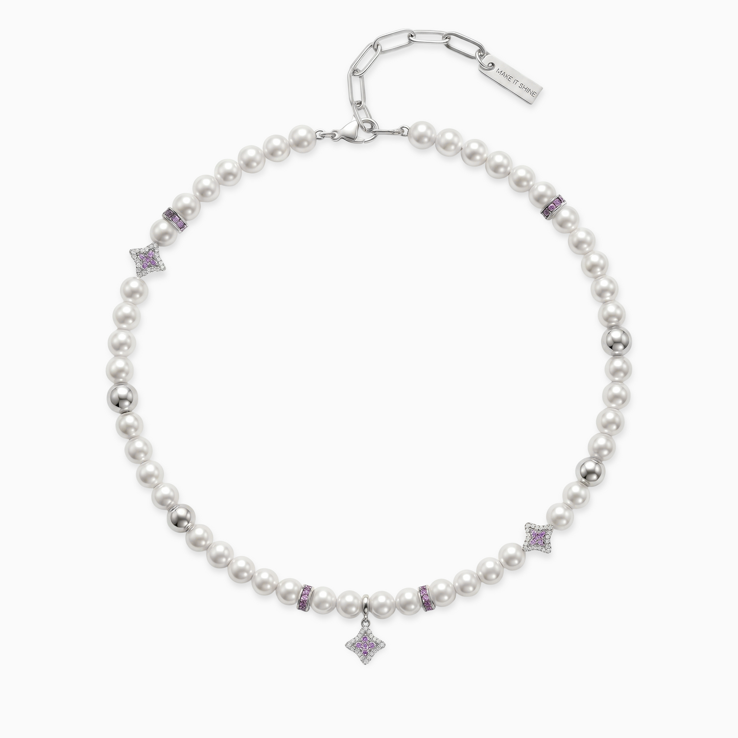 Chaîne Flower Pearl Argentée - Pierres Violettes
