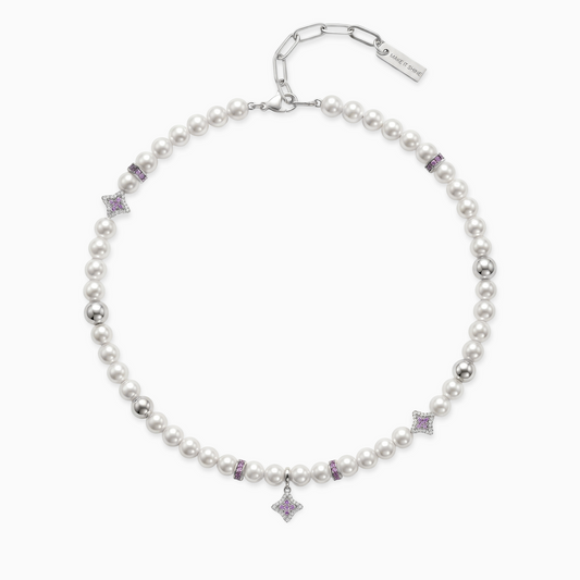 Silver Flower Pearl Chain - Purple Stones