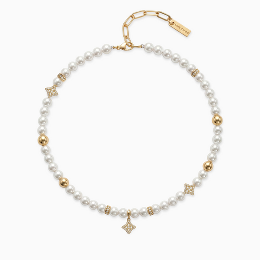 Gold Flower Pearl Chain - White Stones