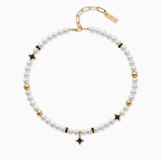 Gold Flower Pearl Chain - Black Stones