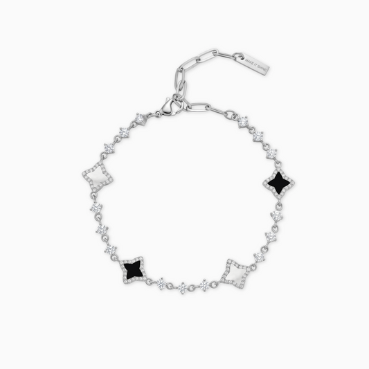 Silver Flower Tennis Bracelet - White & Black