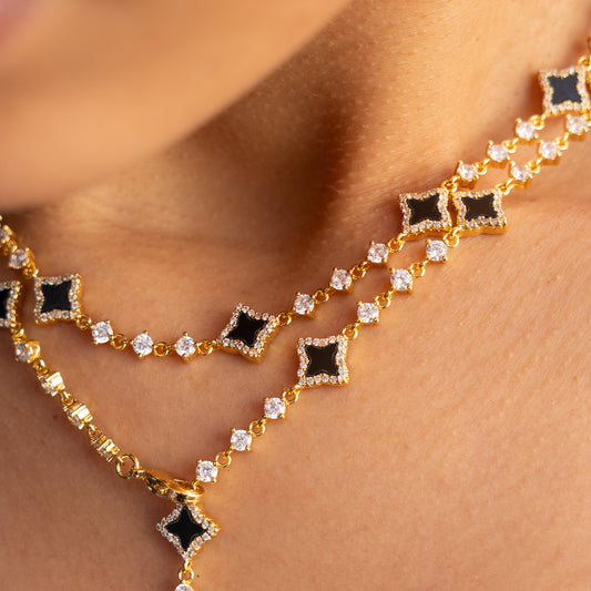 Lariat Flower Tennis Doré - Motif Noir