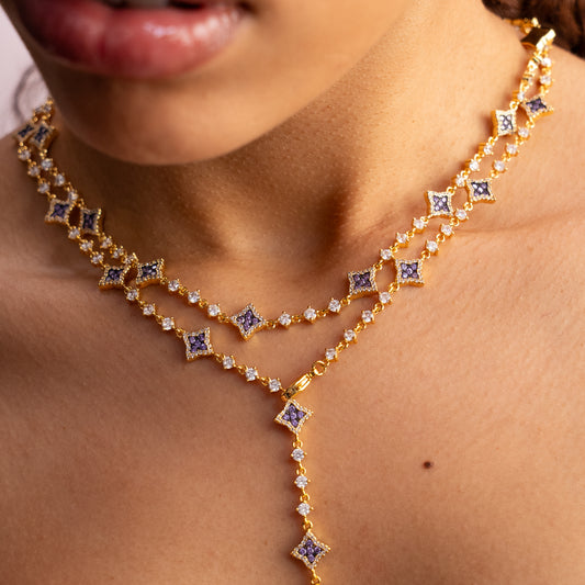 Lariat Flower Tennis Doré - Pierres Violettes