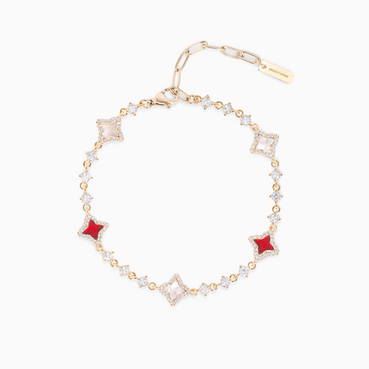 Gold Flower Tennis Bracelet - White & Red